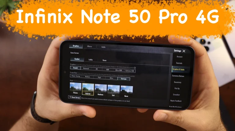 واجهة إعدادات الرسوميات في PUBG Mobile على هاتف Infinix Note 50 Pro 4G، بخلفية داكنة، تعرض قوائم جودة الرسوميات ومعدل الإطارات ومكافحة التعرج وجودة الظلال، مع زر “تطبيق” في الأسفل
