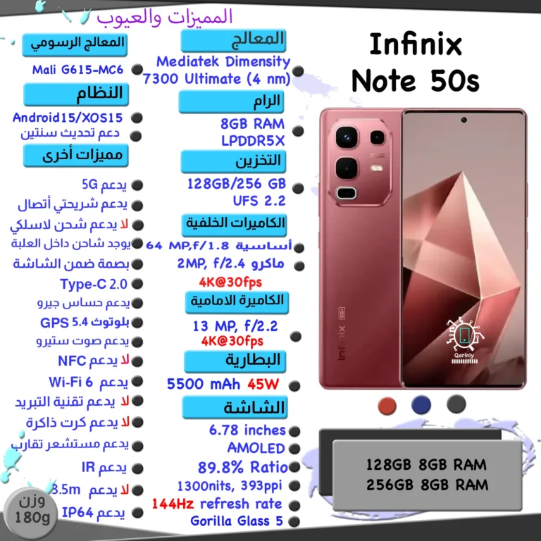 مواصفات هاتف Infinix Note 50s مع شاشة AMOLED، معالج Dimensity 7300، كاميرا 64 ميجا بكسل، وبطارية 5500 مللي أمبير