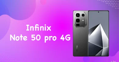 هاتف Infinix Note 50 Pro 4G بتصميم أنيق وشاشة AMOLED بحجم 6.78 إنش، يظهر باللون الأسود مع شعار Infinix واضح في الخلفية