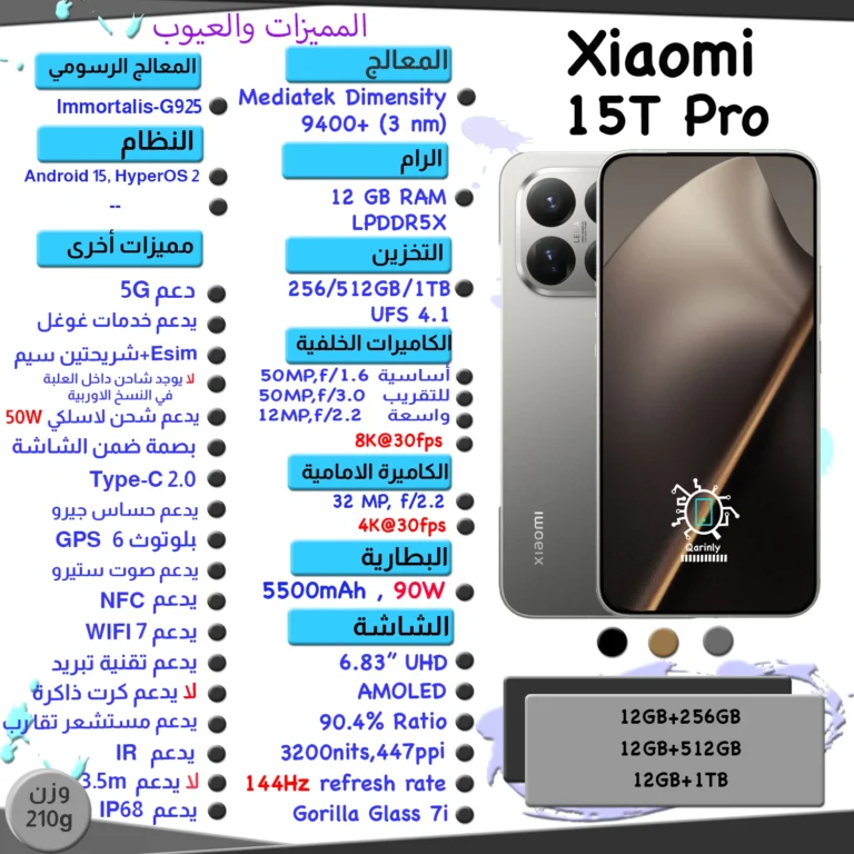 شاومي ١٥ تي برو مواصفات ومميزات وعيوب