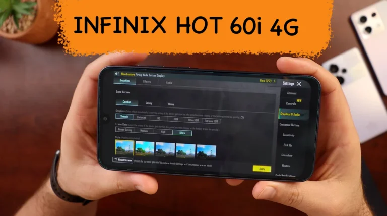 هاتف Infinix Hot 60i 4G يعرض مشهدًا من لعبة PUBG Mobile بمعدل 40 إطارًا في الثانية، على شاشة كبيرة بمعدل تحديث 120Hz، لتجربة لعب سلسة ضمن إعدادات Smooth + High."